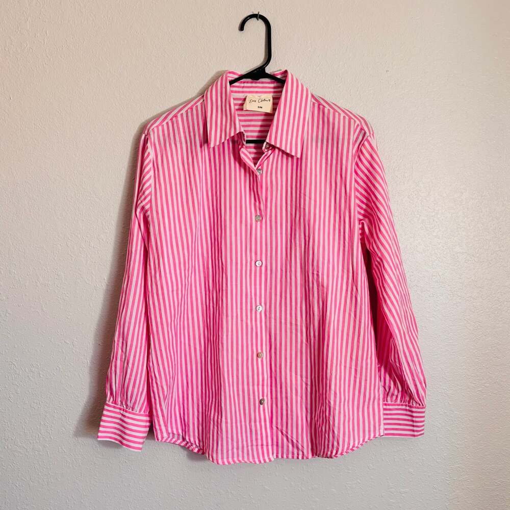 Easy Clothes Pink and White Striped Long Sleeve Button 100% Down Cotton Shirt